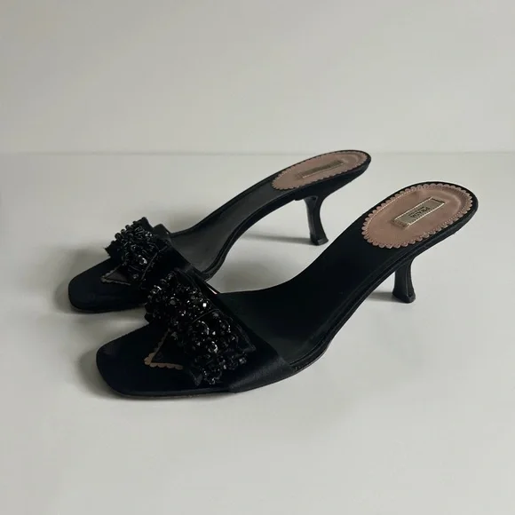 Vintage Prada Black Beaded Bow Slide Mule Kitten Heels Size EU 39.5 - Picture 4 of 11